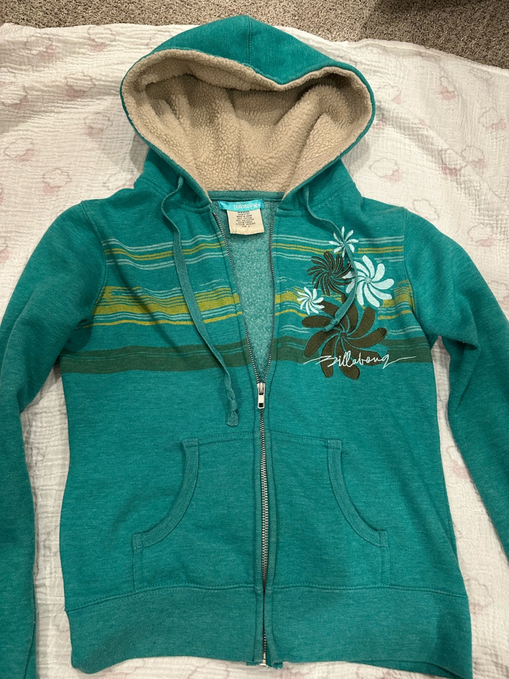 Billabong Teal Floral Zip-Up Hoodie with Sherpa Lining Size Small